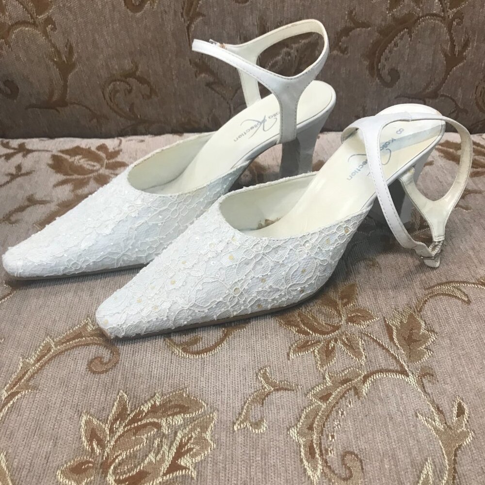 Dye-Able White Lace Satin Ankle-Strap, Formal Pump Dress Shoe Wedding Block Heel - Picture 9 of 16